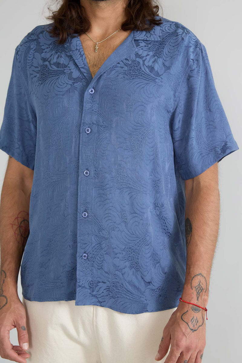 zen indigo Better-Than-Silk Bowling Shirt